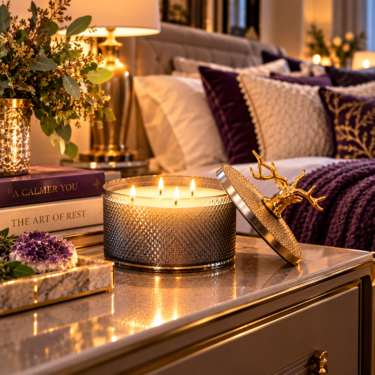 Luxury Sandalwood 3-Wick Soy Candle with Gold Deer Lid – 10.58 oz