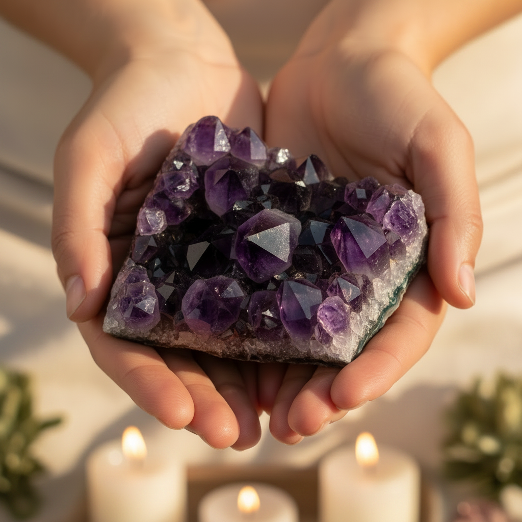 Hands holding amethyst crystal cluster