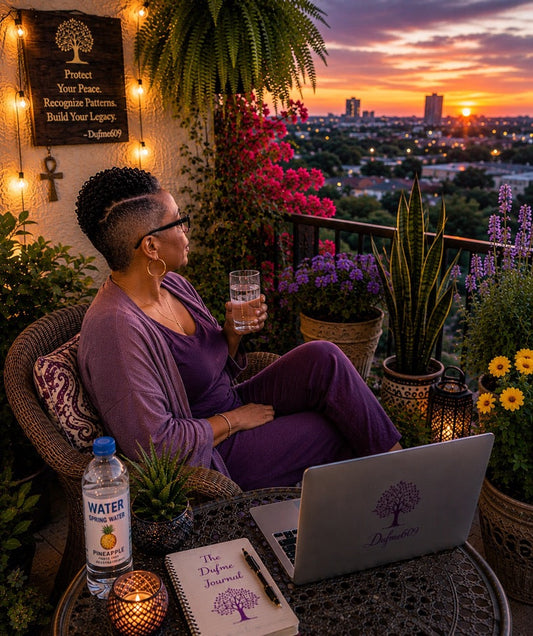 Tracy D. Woods relaxing on a balcony at sunset with The Dufme Journal — Small Wins Still Count — Mystical Gifts by Dufme609