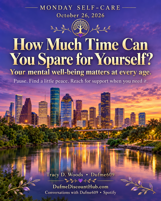 Monday Self-Care — October 26, 2026: How Much Time Can You Spare for Yourself? Houston skyline at dusk, purple and gold Tree of Life, by Tracy D. Woods.