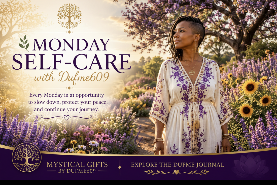 Monday Self-Care with Dufme609 — A woman in a floral dress standing peacefully in a garden with sunflowers and lavender, Tree of Life emblem, purple and gold branding