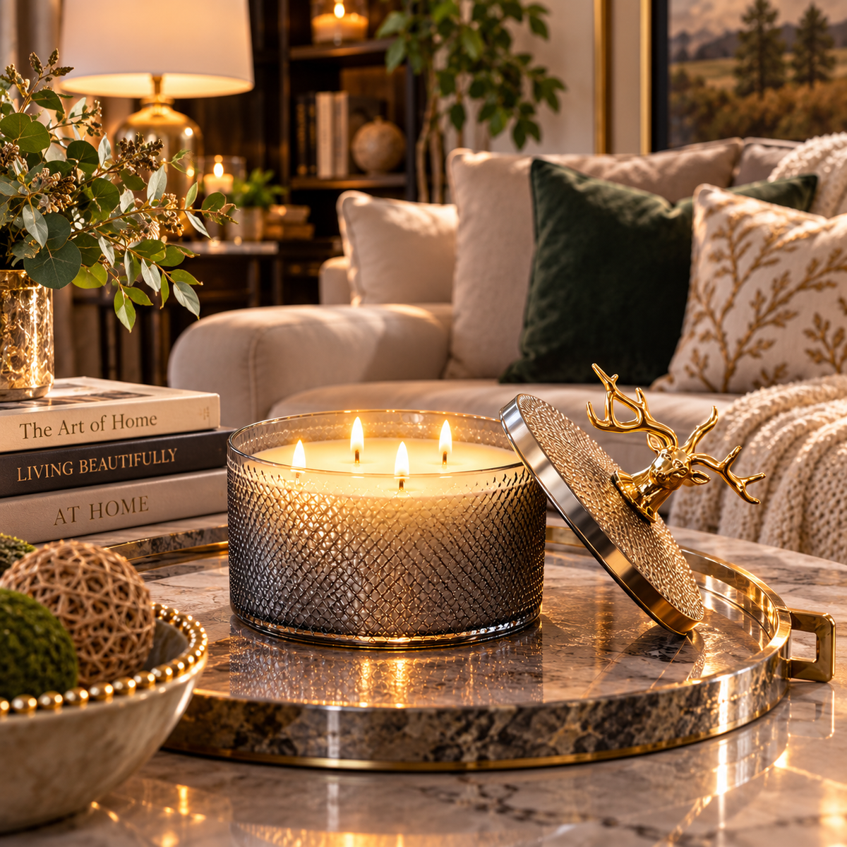 Luxury Sandalwood 3-Wick Soy Candle with Gold Deer Lid – 10.58 oz