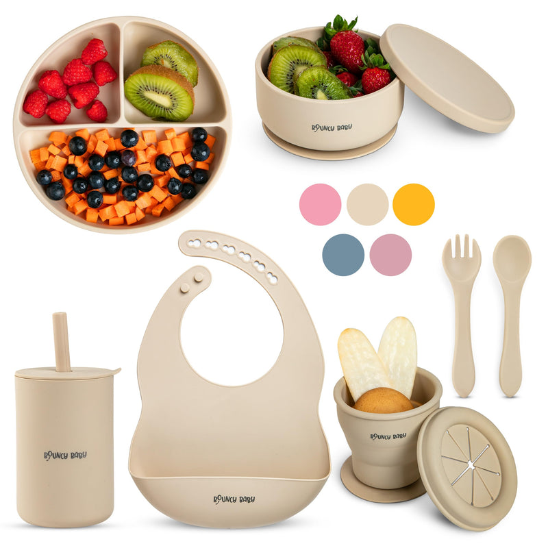 Silicone Baby Feeding Set 8-Piece with Suction Plate Bowl Bib Cup & Utensils (Beige)