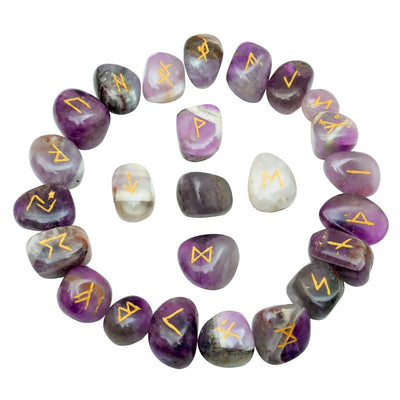 Amethyst Elder Futhark Rune Stones Set – 25 Engraved Viking Crystals with Guide Book