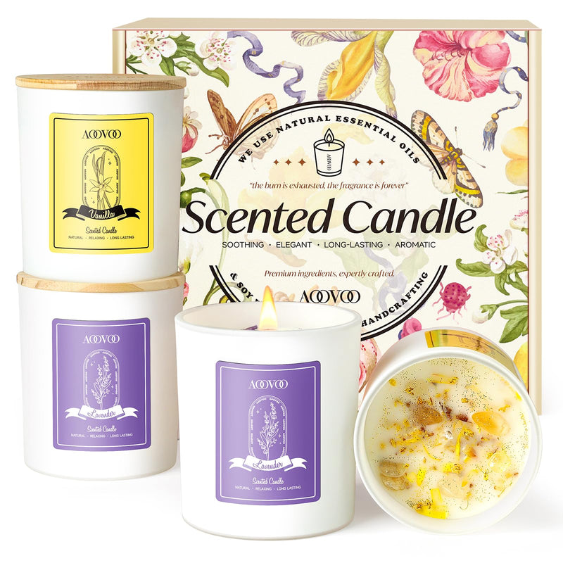 Lavender Crystal Candles Set – 4-Pack Soy Aromatherapy Candles with Healing Crystals & Dried Flowers