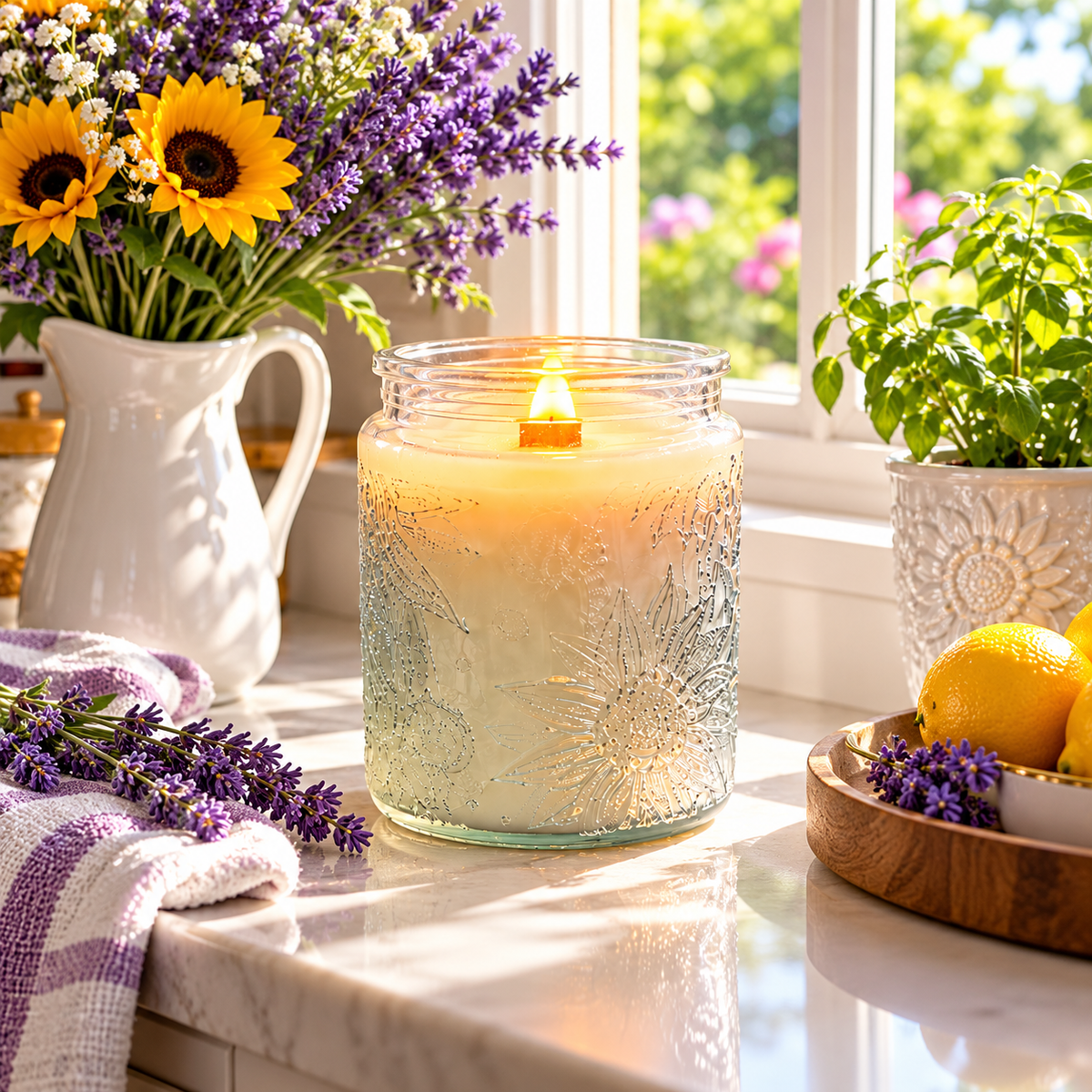 Luxury Lavender-Lilac Wood Wick Candle – 24 oz Sunflower Glass Jar