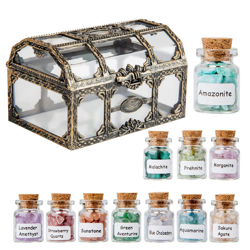 Crystal Chips Gemstone Bottles Set – 11 Mini Healing Crystals in Vintage Gift Box