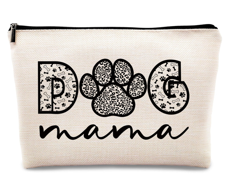 Dog Mom Makeup Bag - Paw Print Linen Cosmetic Zipper Pouch & Travel Toiletry Bag for Dog Lovers