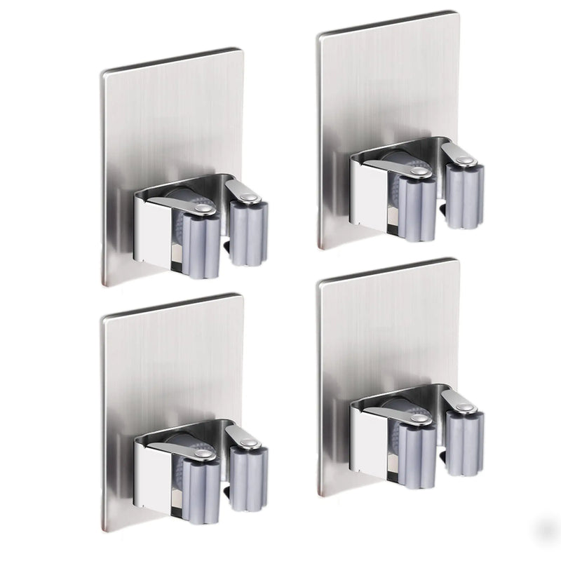 HANZE Mop & Broom Holder | 4-Pack Stainless Steel Self-Adhesive Wall Mount