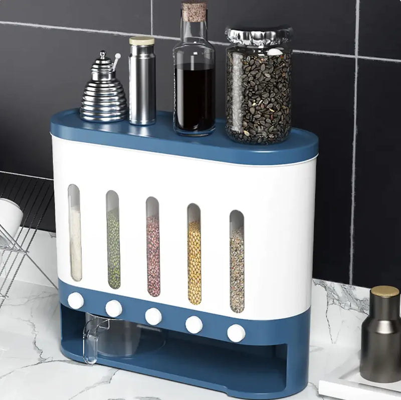 Wall-Mounted Rice & Grain Storage | 5-Compartment Kitchen Organizer