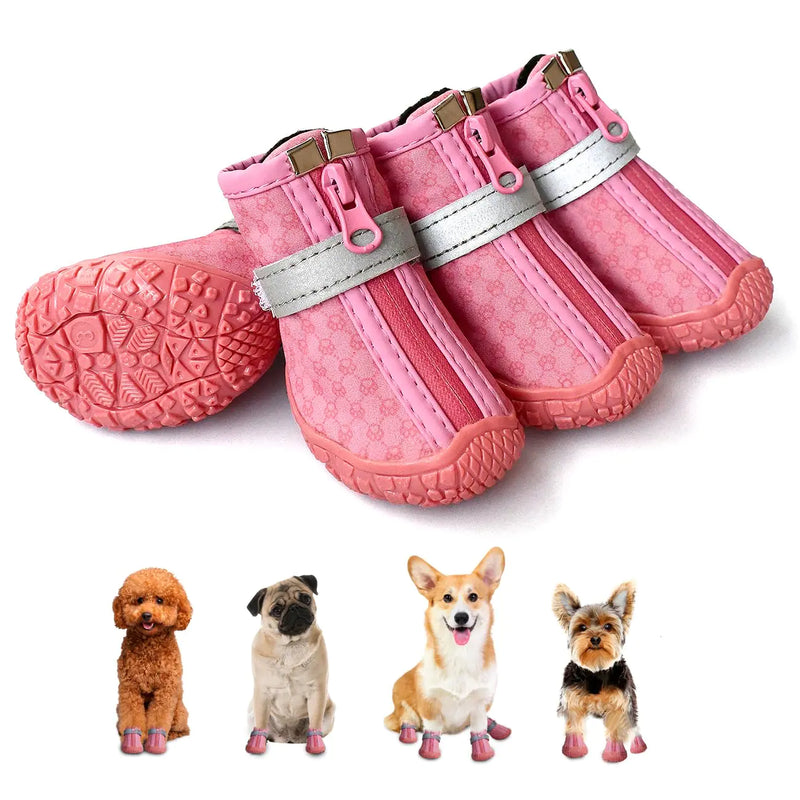 Pink Dog Shoes for Small Dogs | Anti-Slip Reflective Waterproof Boots 4PCS