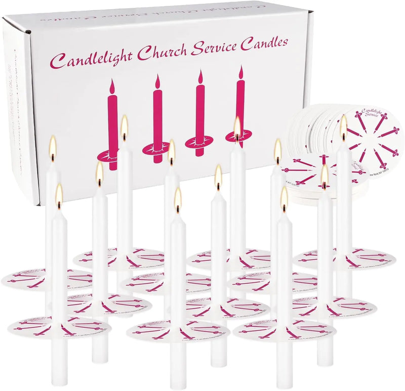 200 Pack White Unscented Taper Candle with Drip Protectors Church Candles Vigil Candles Shabbat Candles Prayer Candles 5 Inch