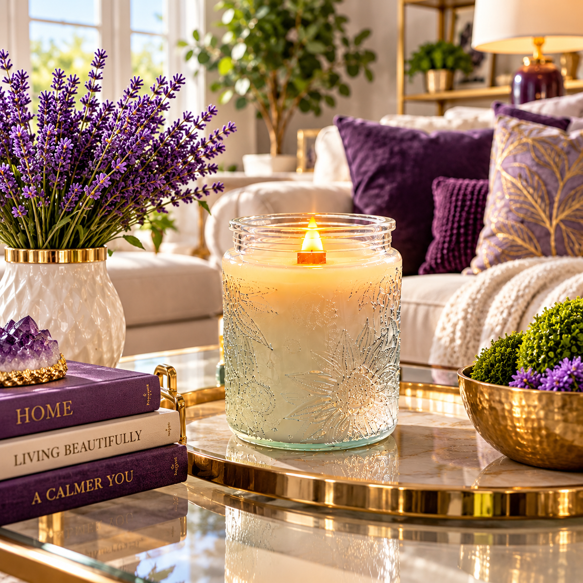 Luxury Lavender-Lilac Wood Wick Candle – 24 oz Sunflower Glass Jar