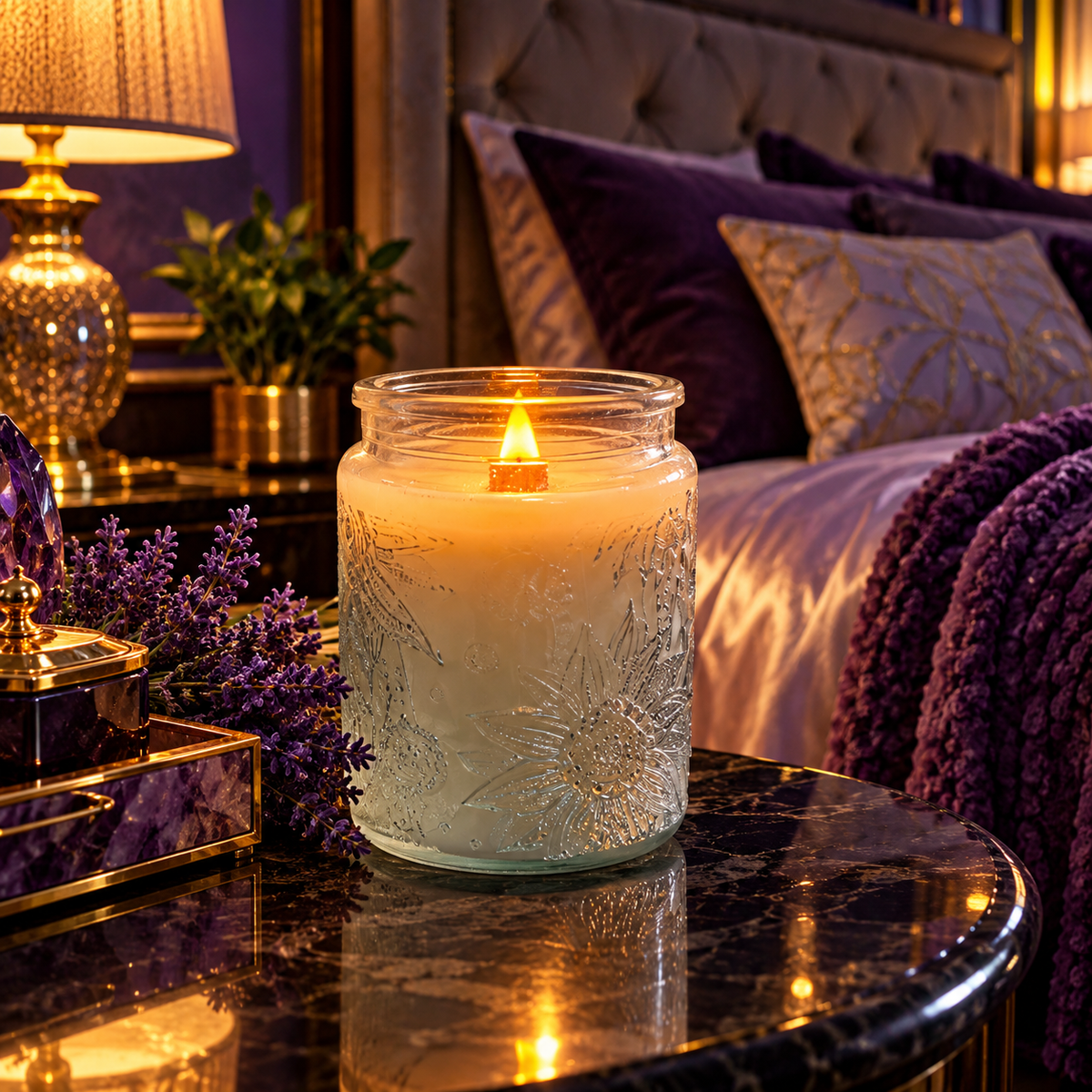 Luxury Lavender-Lilac Wood Wick Candle – 24 oz Sunflower Glass Jar