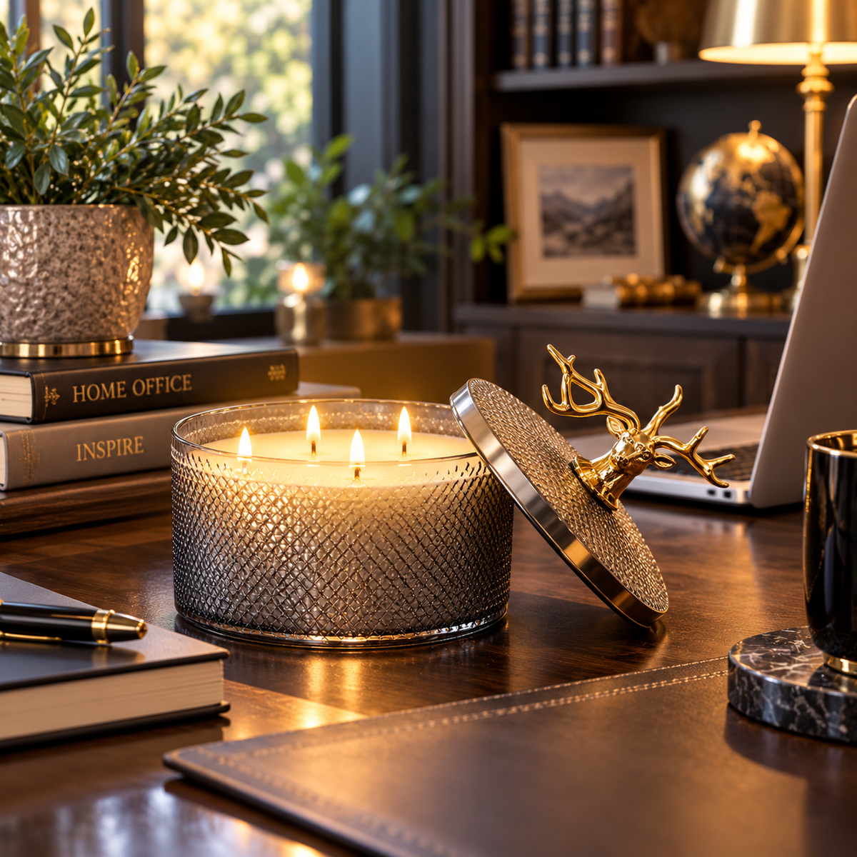 Luxury Sandalwood 3-Wick Soy Candle with Gold Deer Lid – 10.58 oz
