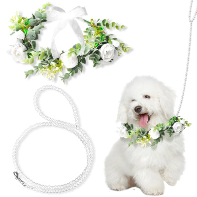 2 Pcs Dog Flower Collar and Pearl Leash Set Dog Wedding Collar Floral Dog Collar Pearls Beaded Dog Leash Dog Wedding Outfit