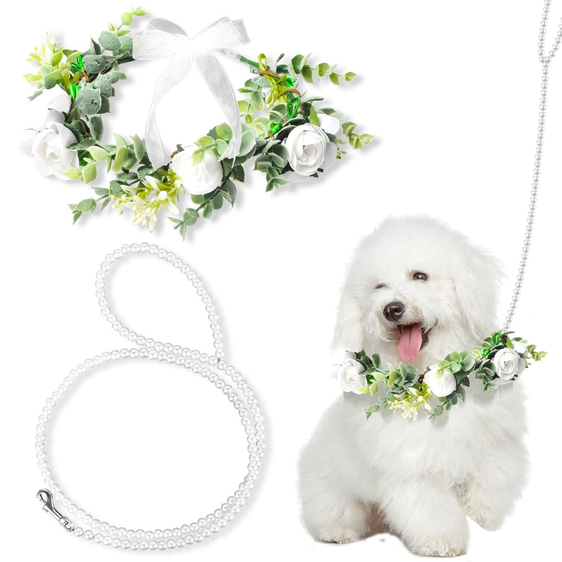 Dog Flower Collar & Pearl Leash Set - Floral Wedding Outfit for Dogs & Pets