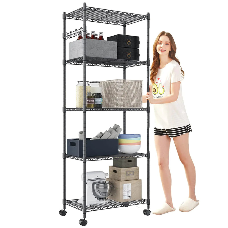 5-Tier Metal Storage Shelves with Wheels | Adjustable Organizer