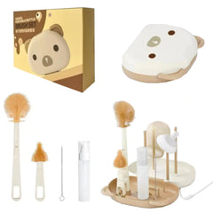 6-in-1 Baby Bottle Cleaning Brush Set | Drying Rack & Storage - Beige