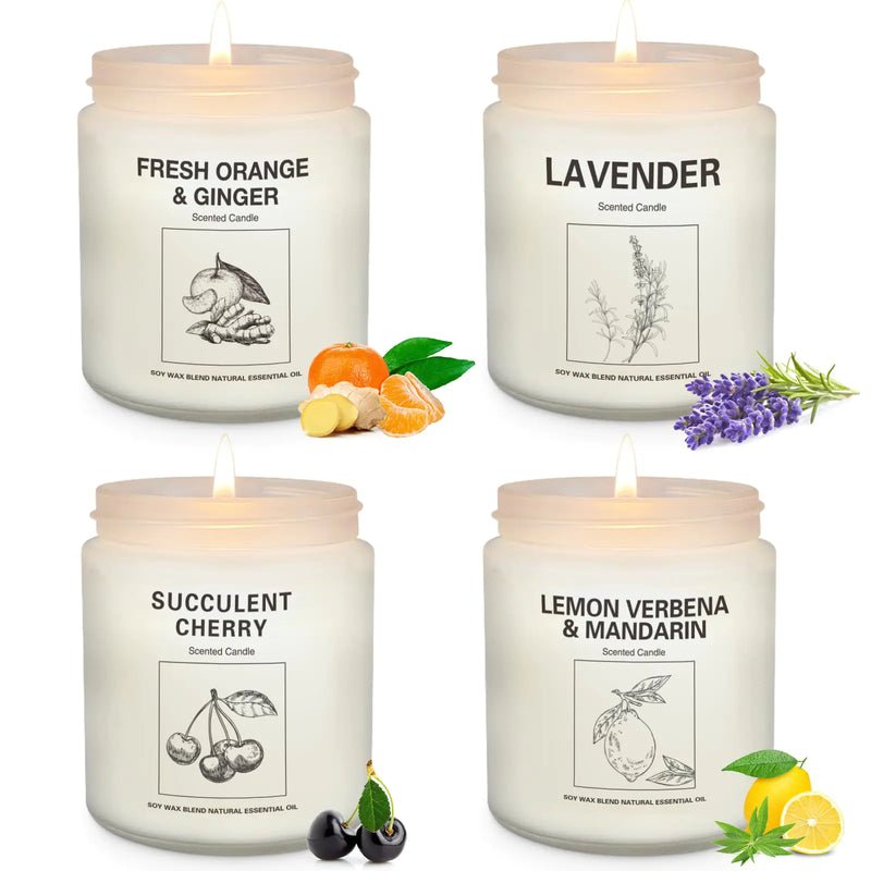Aromatherapy Soy Candles 4-Pack — 7.1oz Each | Lavender, Lemon, Cherry & Orange Ginger | 240+ Hours