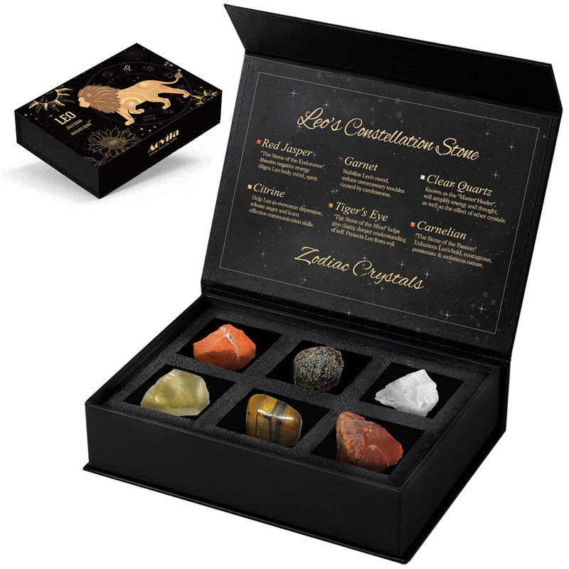 Leo Crystals Gift Set – 6 Zodiac Healing Stones with Illuminated Horoscope Box & E-Book