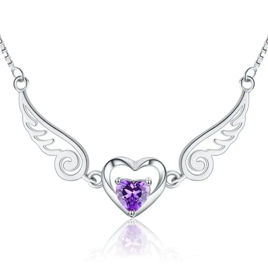 925 Sterling Silver Angel Wings Necklace – Crystal Heart Pendant with Platinum Plating