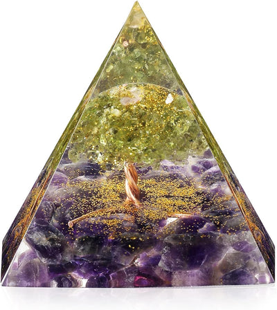 EternalOrgone Amethyst & Peridot Orgone Pyramid — Tree of Life Chakra Crystal