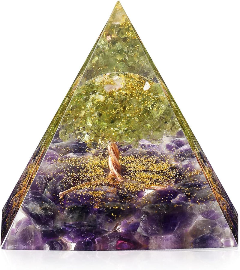 EternalOrgone Amethyst & Peridot Orgone Pyramid — Tree of Life Chakra Crystal