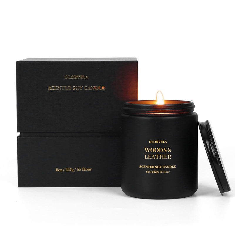 olorvela Woods & Leather Soy Candle — 8oz 50H Natural Soy Wax Candle for Men