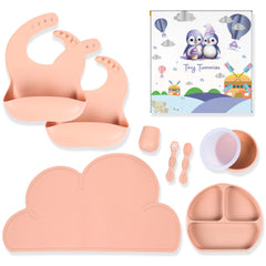 Suction Silicone Baby Feeding Set with Plate Bowl Bib Cup & Chewable Spoons