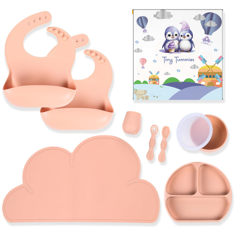 Suction Silicone Baby Feeding Set with Plate Bowl Bib Cup & Chewable Spoons