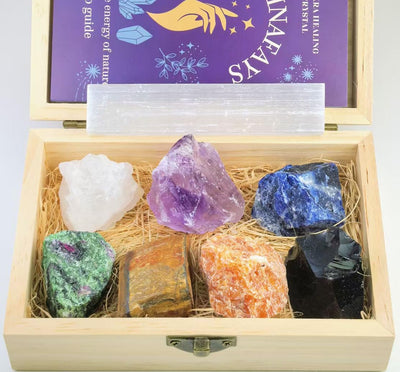 7 Chakra Raw Crystals & Healing Stones Set – Selenite Stick, Wooden Gift Box & Crystal Guide