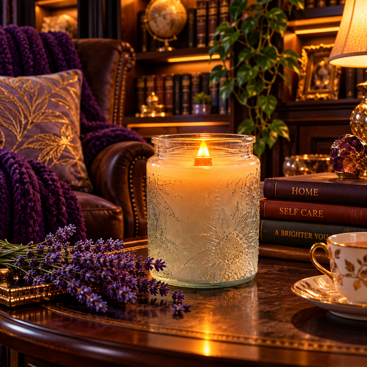 Luxury Lavender-Lilac Wood Wick Candle – 24 oz Sunflower Glass Jar