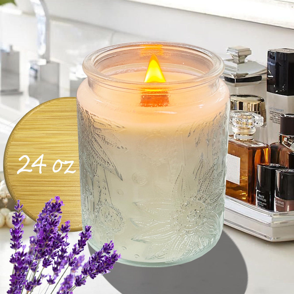 Luxury Lavender-Lilac Wood Wick Candle – 24 oz Sunflower Glass Jar