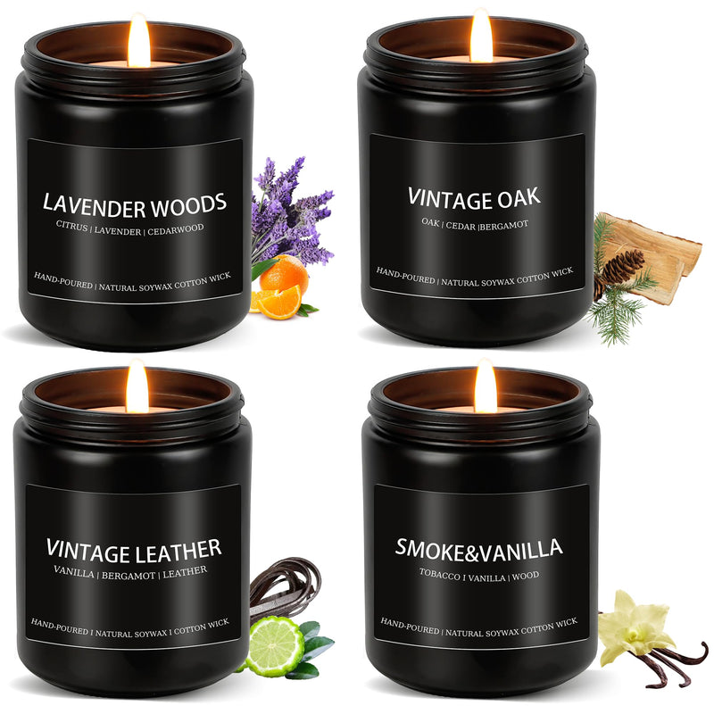 Men's Scented Candle Set 4-Pack — Soy Wax Candles in Lavender, Oak, Leather & Smoke