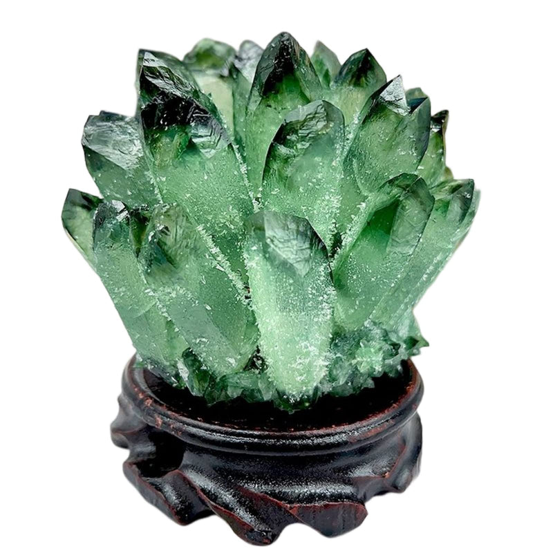 DUKIZA Natural Green Quartz Crystal Cluster — Large Healing Stone with Wooden Base
