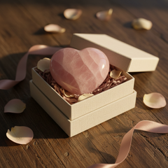 Polished rose quartz heart stone in a gift box with tissue paper and rose petals — Mystical Gifts by Dufme609