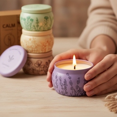 Hands holding lavender floral tin candle with other colorful tins in background — Mystical Gifts by Dufme609