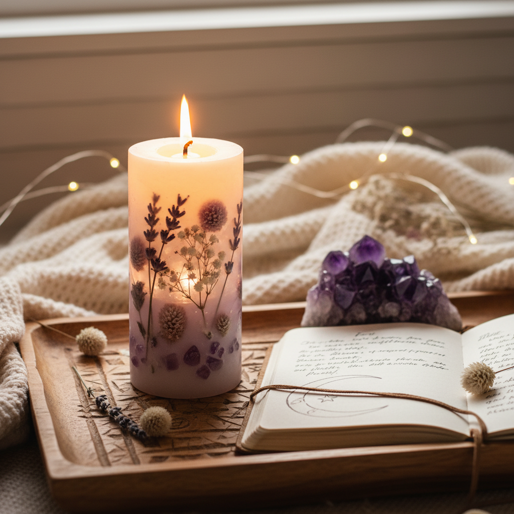 Single lit lavender crystal candle with dried flowers beside open journal and amethyst crystal — Mystical Gifts by Dufme609