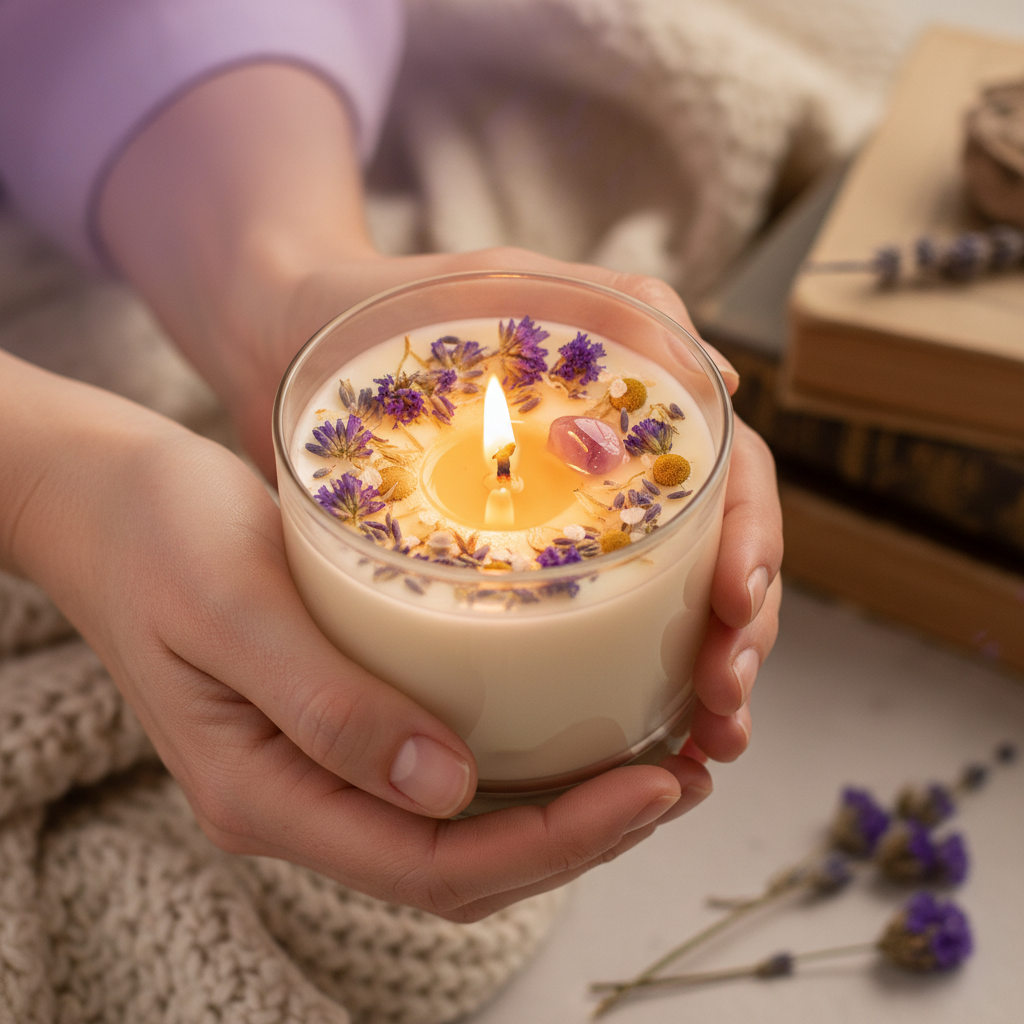 Hands holding lavender soy candle with dried flower topper and healing crystal visible in warm wax — Mystical Gifts by Dufme609
