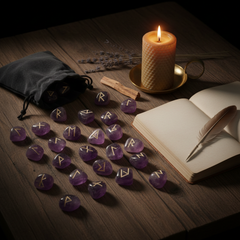 Amethyst rune stones spread on a wooden surface beside a journal, candle and velvet pouch — Mystical Gifts by Dufme609
