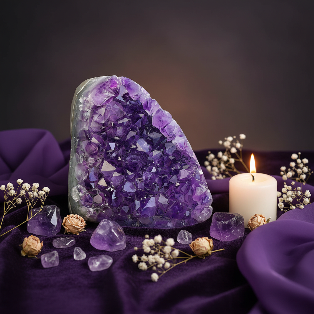 Raw amethyst crystal geode cluster on dark velvet with smaller crystals, candle and dried flowers in mystical spiritual setting