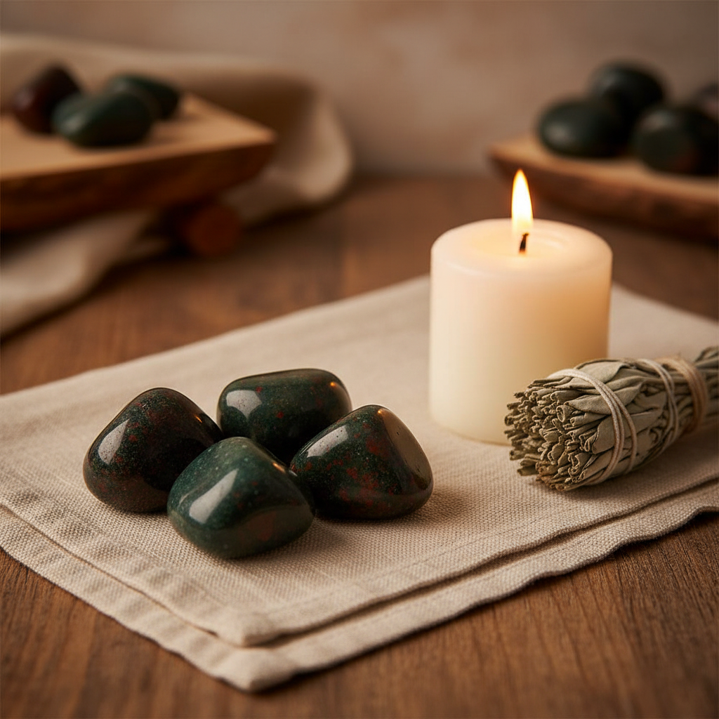 Bloodstone tumbled stones on cream linen with white candle and sage bundle — peaceful crystal display