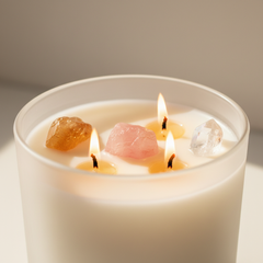 Healing Crystal Chakra Candle – Close-Up of Rose Quartz, Citrine and Clear Quartz in Soy Wax