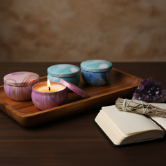 Aromatherapy candle gift set styled on a meditation tray with amethyst crystal and open journal — Mystical Gifts by Dufme609