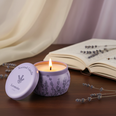 Lit lavender tin candle with floral design beside open journal and dried lavender — Mystical Gifts by Dufme609