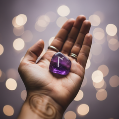 Close-up of a single amethyst rune stone with engraved Norse symbol held in an open palm — Mystical Gifts by Dufme609