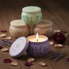 4 colorful floral tin soy candles with lavender, vanilla, rose and jasmine scents on dark wooden surface — Mystical Gifts by Dufme609
