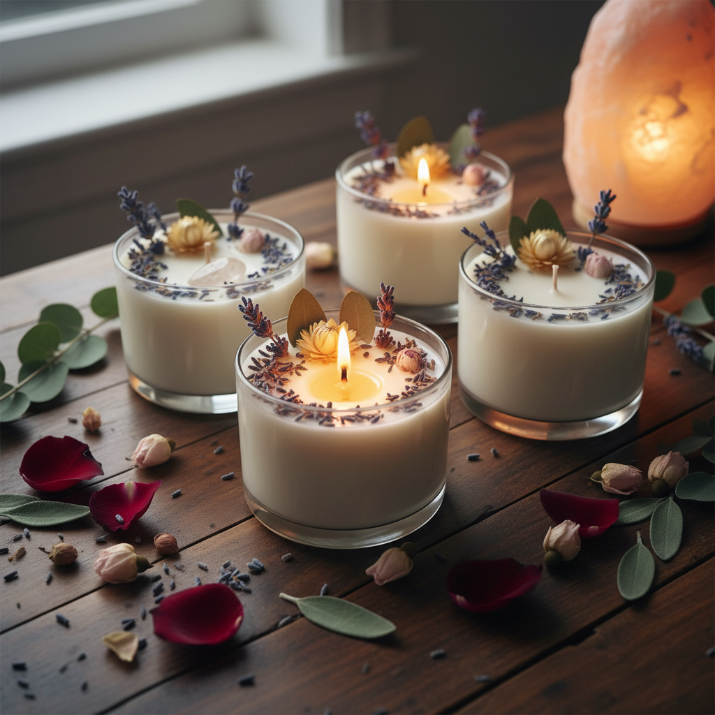 4 lavender soy candles with dried flower toppers arranged on dark wooden surface, one lit revealing crystal inside — Mystical Gifts by Dufme609