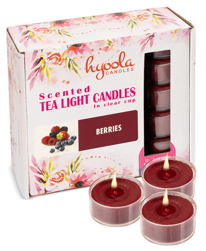 HYOOLA Scented Tealight Candles - Clear Cup - Berries Tealight Candles Scented - 6 Hour Burn Time - 15 Pack - European Made